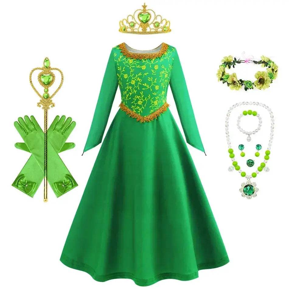 Green Princess Dress For Girls With Long Sleeve Halloween Costume - ToylandEU