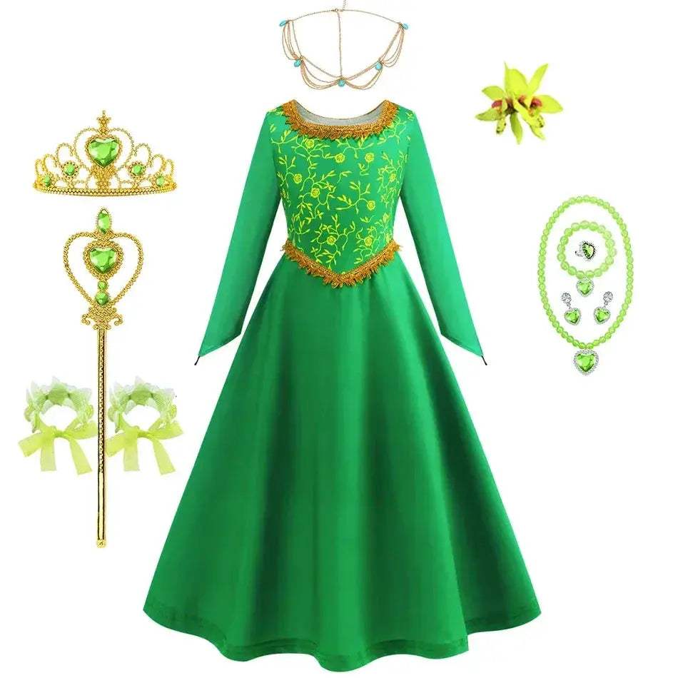 Green Princess Dress For Girls With Long Sleeve Halloween Costume - ToylandEU