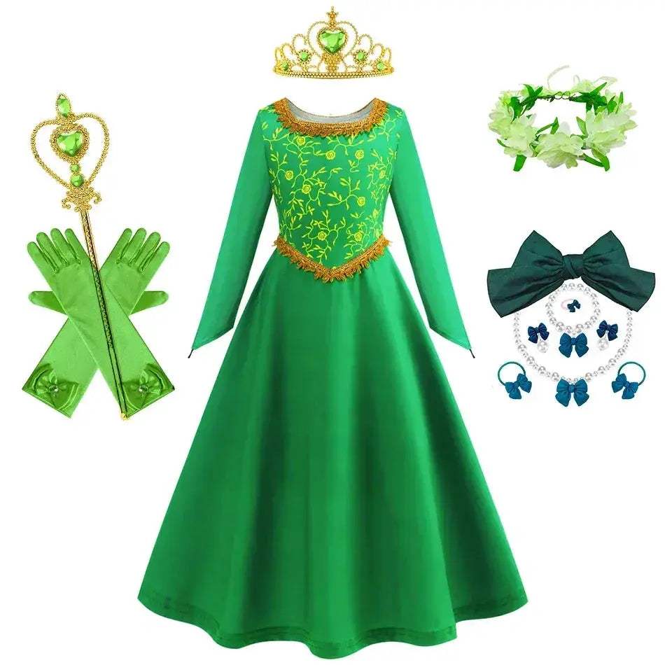 Green Princess Dress For Girls With Long Sleeve Halloween Costume - ToylandEU