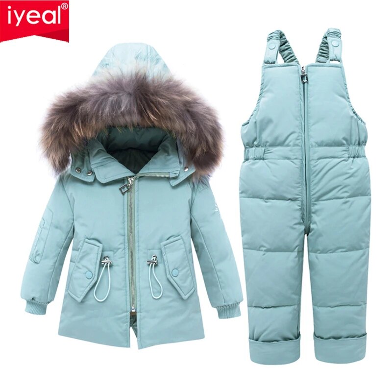 Winter Down Jacket with Real Fur Hood for Boys & Girls - 2 PCS Coat + Trousers Clothing Set - ToylandEU