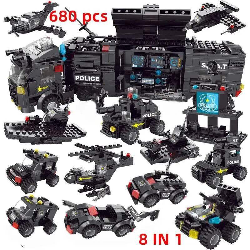 Premium Lego Compatible Building Blocks Set Multi Vehicle City Police Station Bus Car Helicopter Army Trucks For Kids - ToylandEU