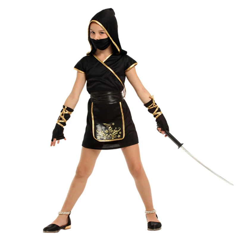 Girls' Black & Gold Ninja Warrior Costume for Halloween & Cosplay