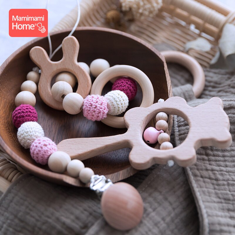 Wooden Teether Crochet Beads Pacifier Chain Clip with Elephant Teething Bracelet Music Rattle - ToylandEU