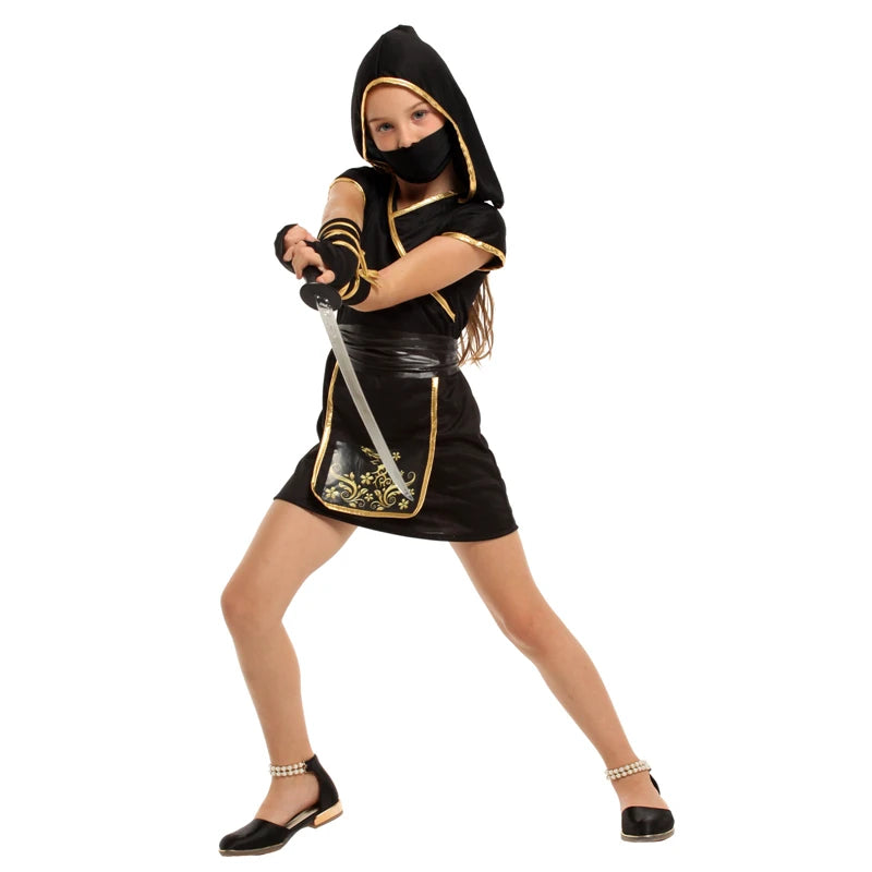 Girls' Black & Gold Ninja Warrior Costume for Halloween & Cosplay