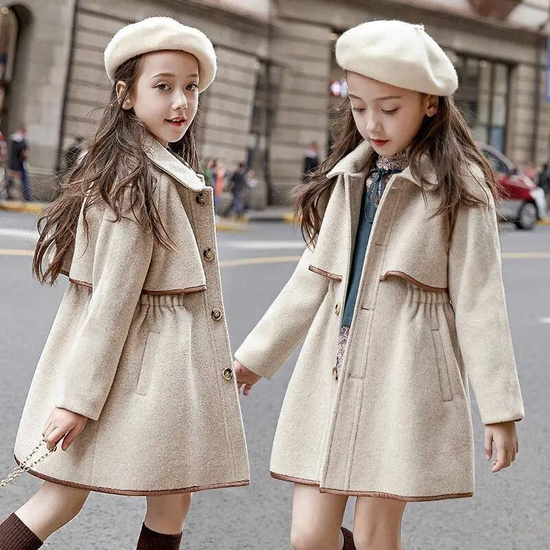 Girls Khaki Woolen Trench Coat for Ages 4-12 - ToylandEU