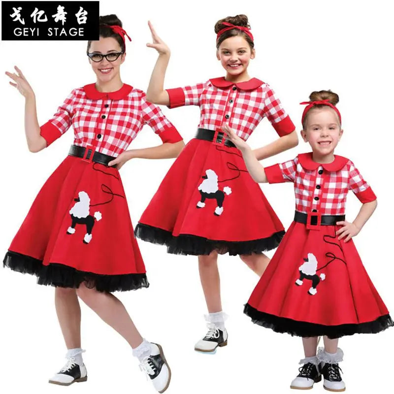 Charming Vintage Parent-Child Halloween Dress in Red Plaid & Blue Dots