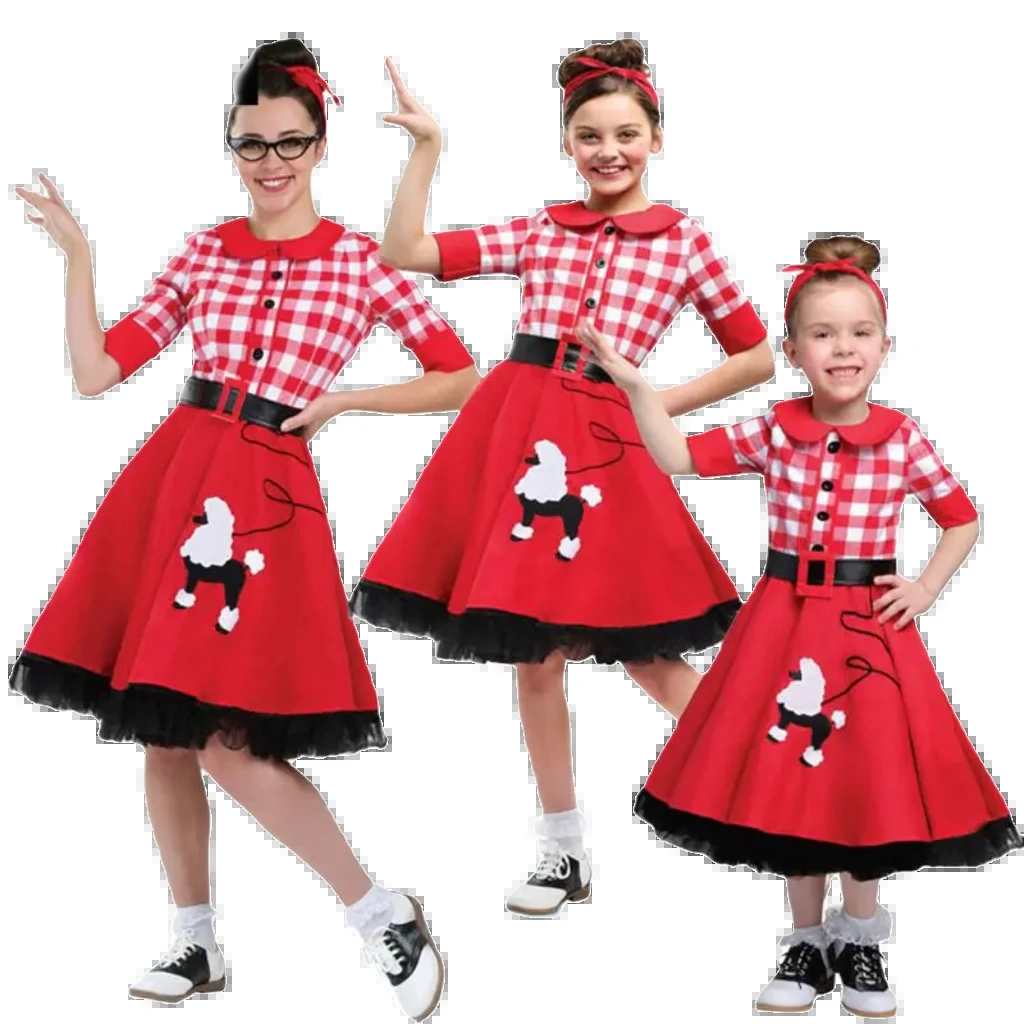 Fifties-Inspired Red Plaid and Blue Dot Dress for Halloween Parent-Child Costume Series