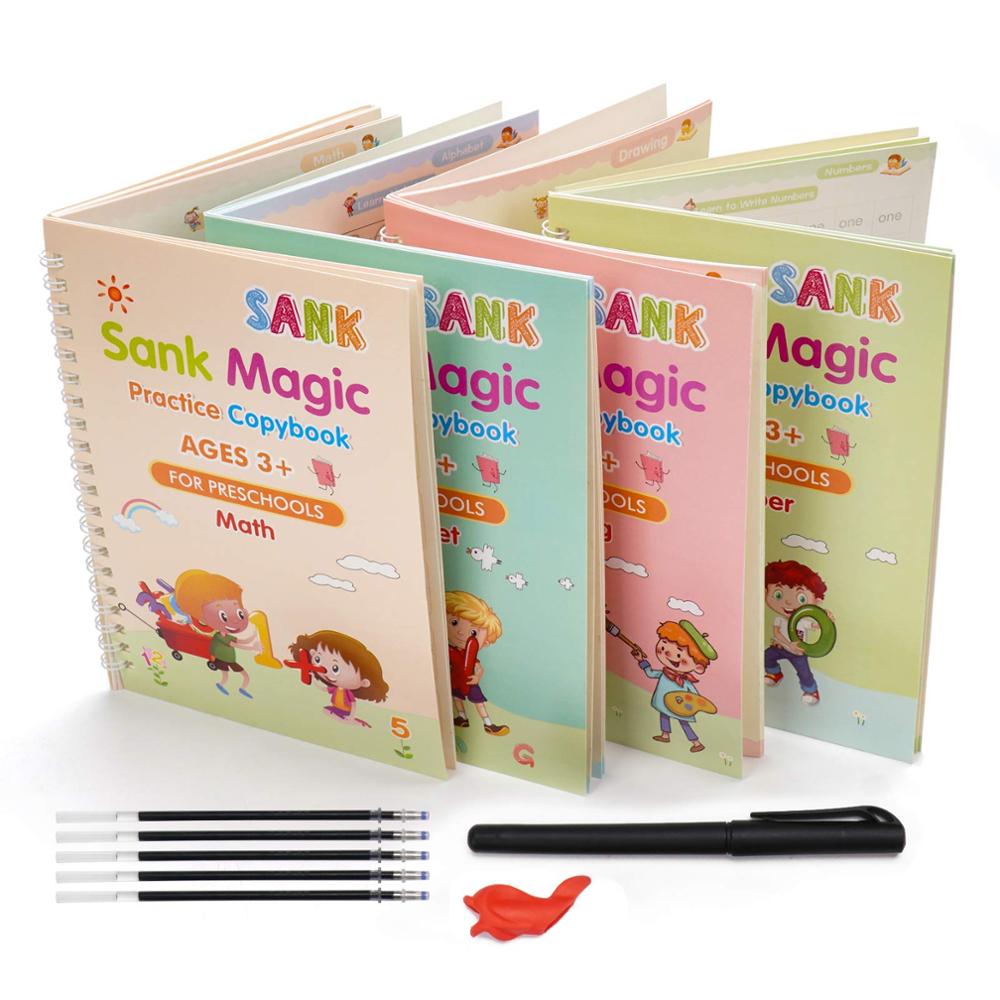 Magic Reusable Writing Practice Kit with 4 Books, Pen, and Stickers for Children