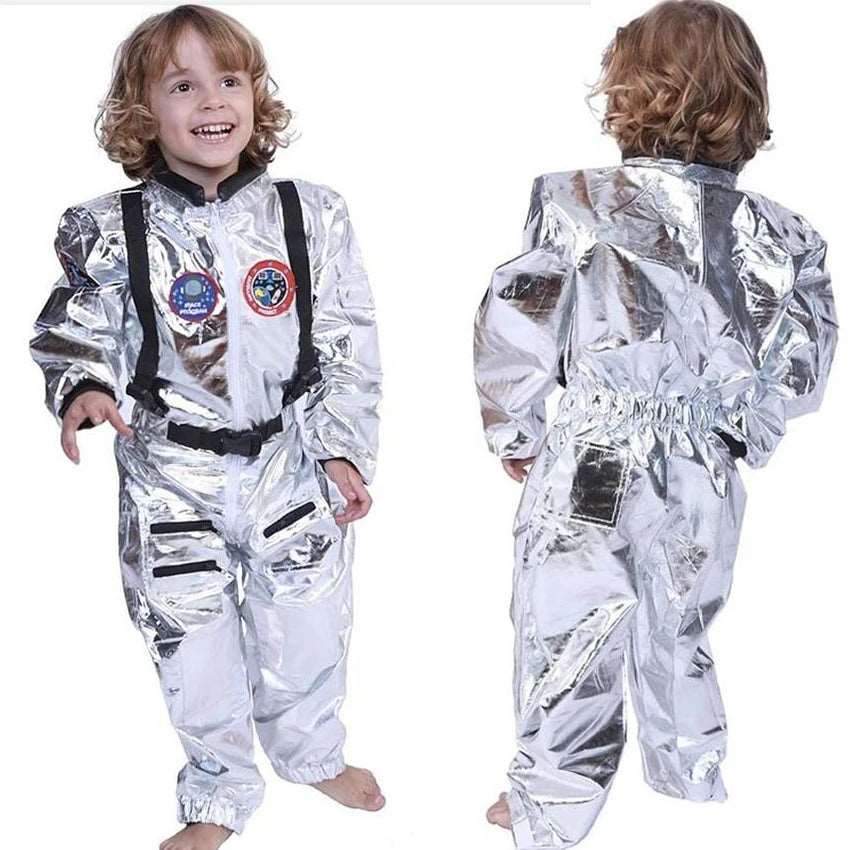 Galactic Explorer Boys Silver Astronaut Costume Jumpsuit with Helmet for Kids Halloween Party