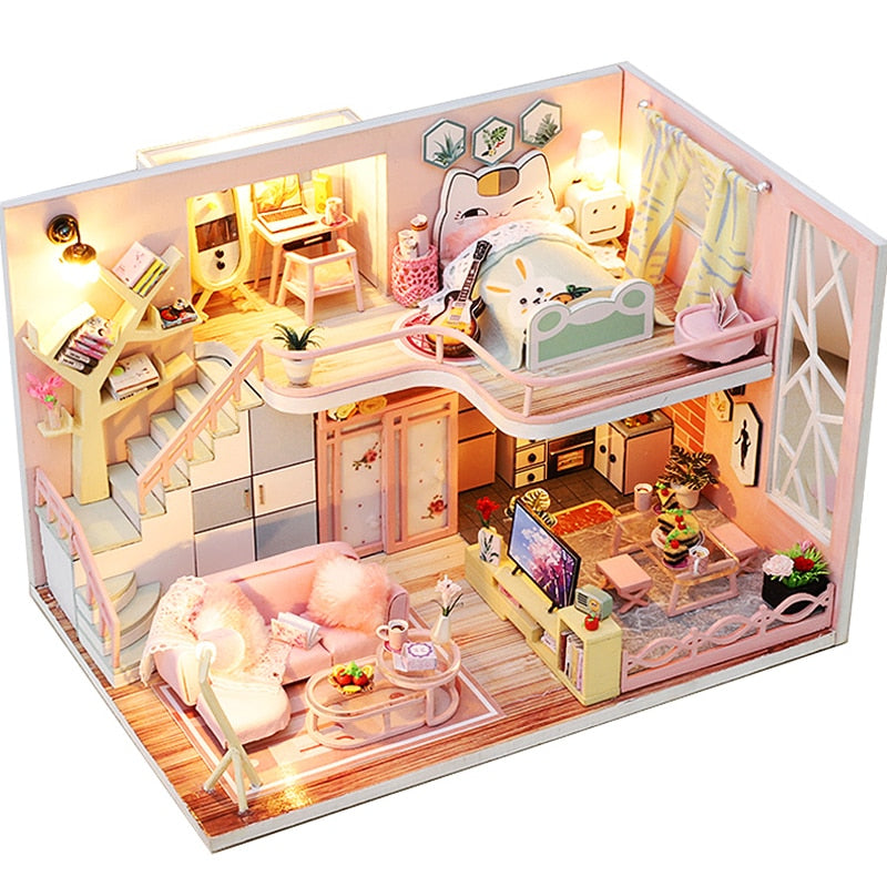 Kids Wooden Dollhouse with Furniture - DIY Miniature Puzzle Toys for Children