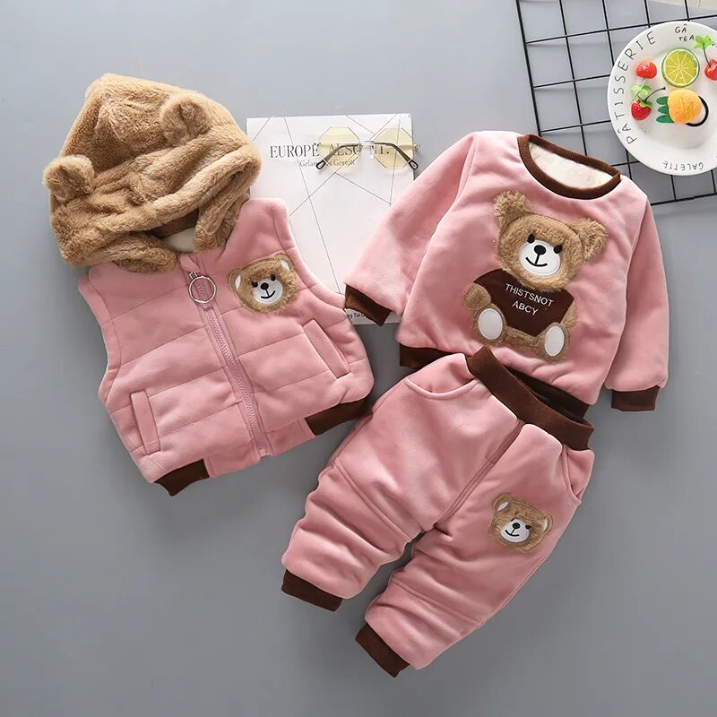Infant Cotton Hooded Jacket, Warm Coat, and Baby Pants Set for Winter
