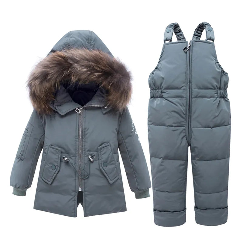 Winter Down Jacket with Real Fur Hood for Boys & Girls - 2 PCS Coat + Trousers Clothing Set - ToylandEU