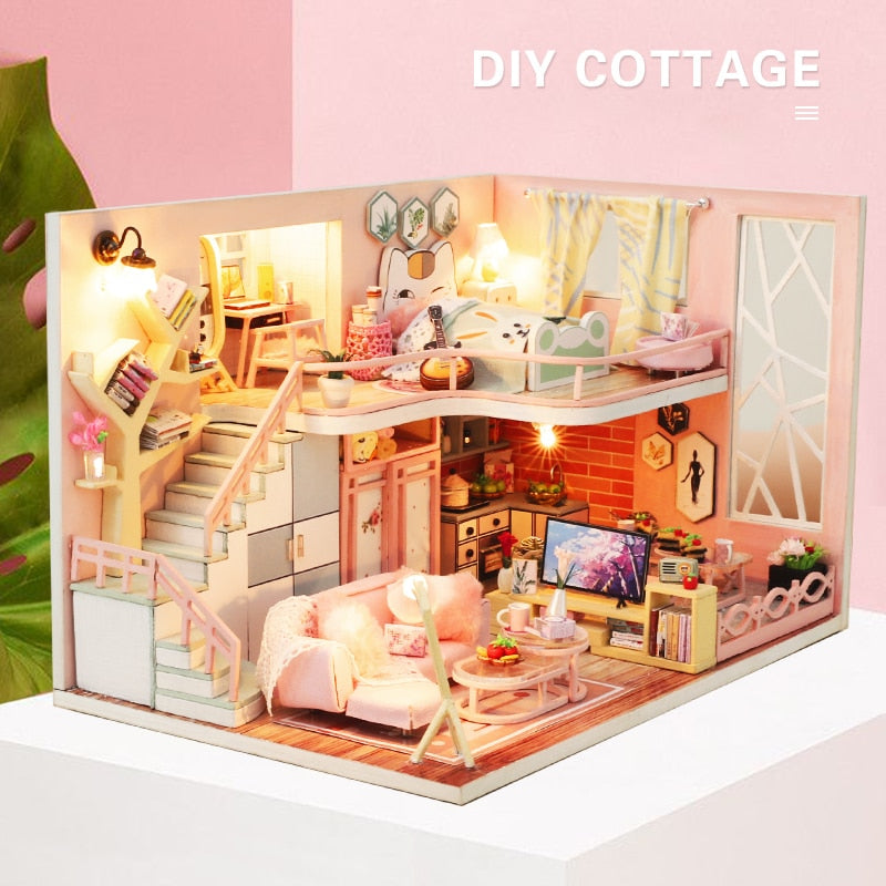 Kids Wooden Dollhouse with Furniture - DIY Miniature Puzzle Toys for Children - ToylandEU