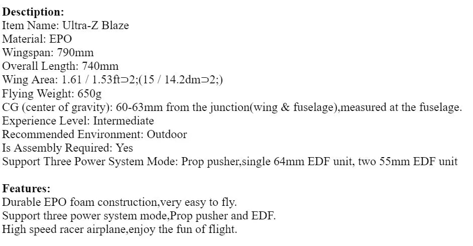 RC EPO Flying Wing Pusher RC Airplane with 790mm Wingspan - Ultra-Z Astro/Blaze Model Kit or PNP Set