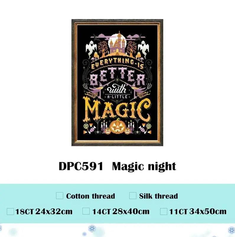  Halloween Magic Night Cross Stitch Kit - Cartoon Design with Cotton Threads on Black Canvas for DIY Embroidery -  ToylandEU™