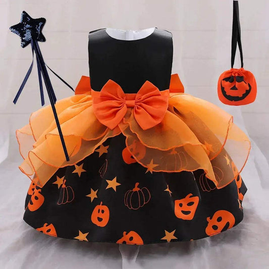 Halloween Pumpkin Toddler Girl Costume Dress With Bow - ToylandEU