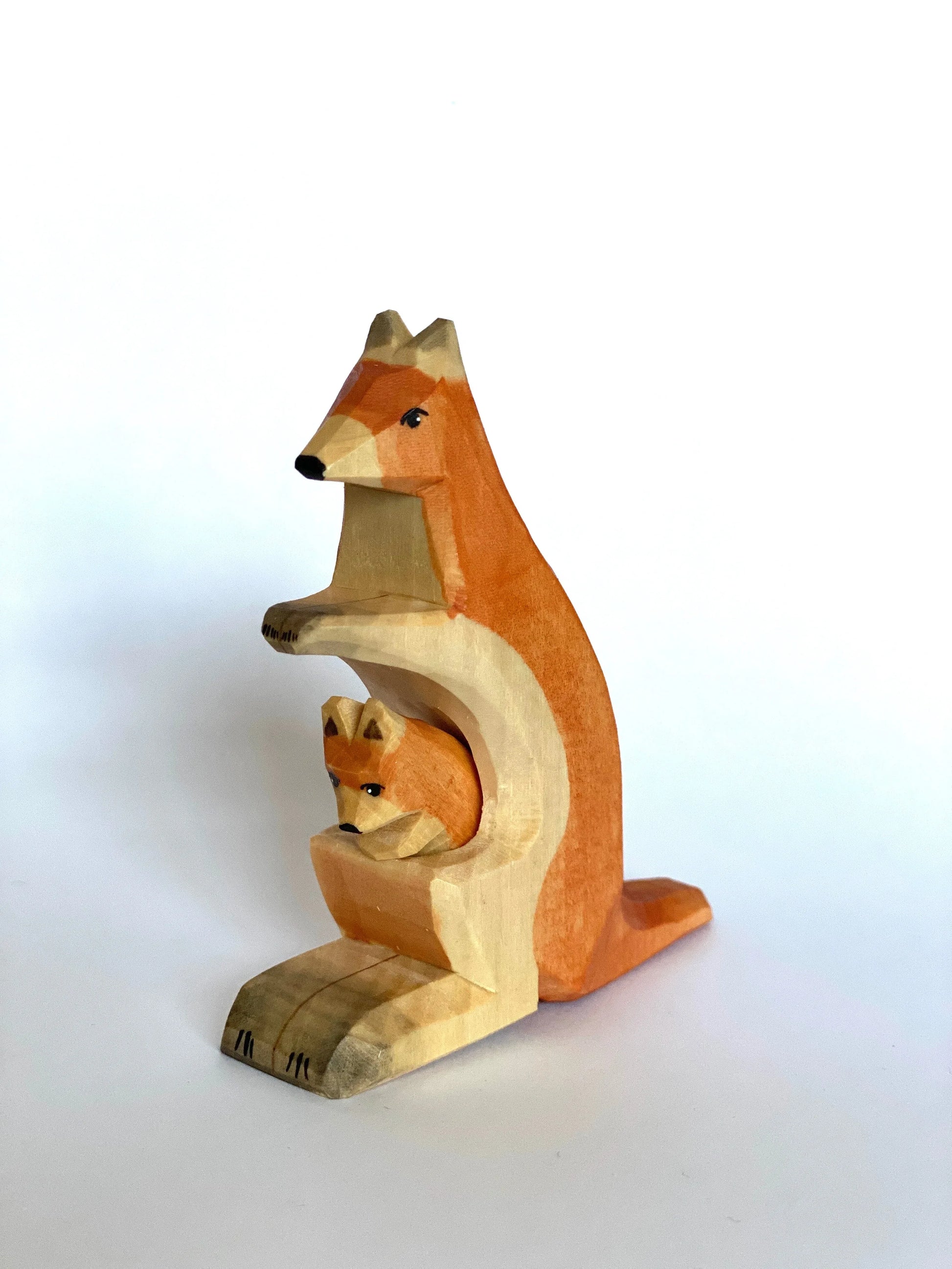 Hand-Carved Hand-Painted Wooden Kangaroo With Baby Figurine - ToylandEU