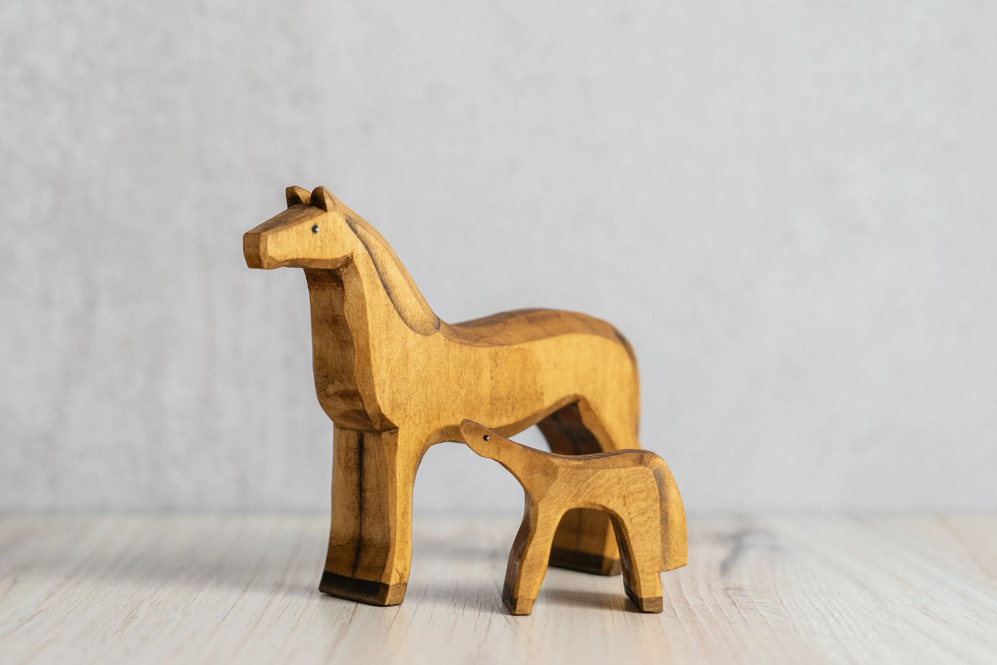 Hand Carved Mare And Colt Wooden Figurine Set Hand Painted - ToylandEU