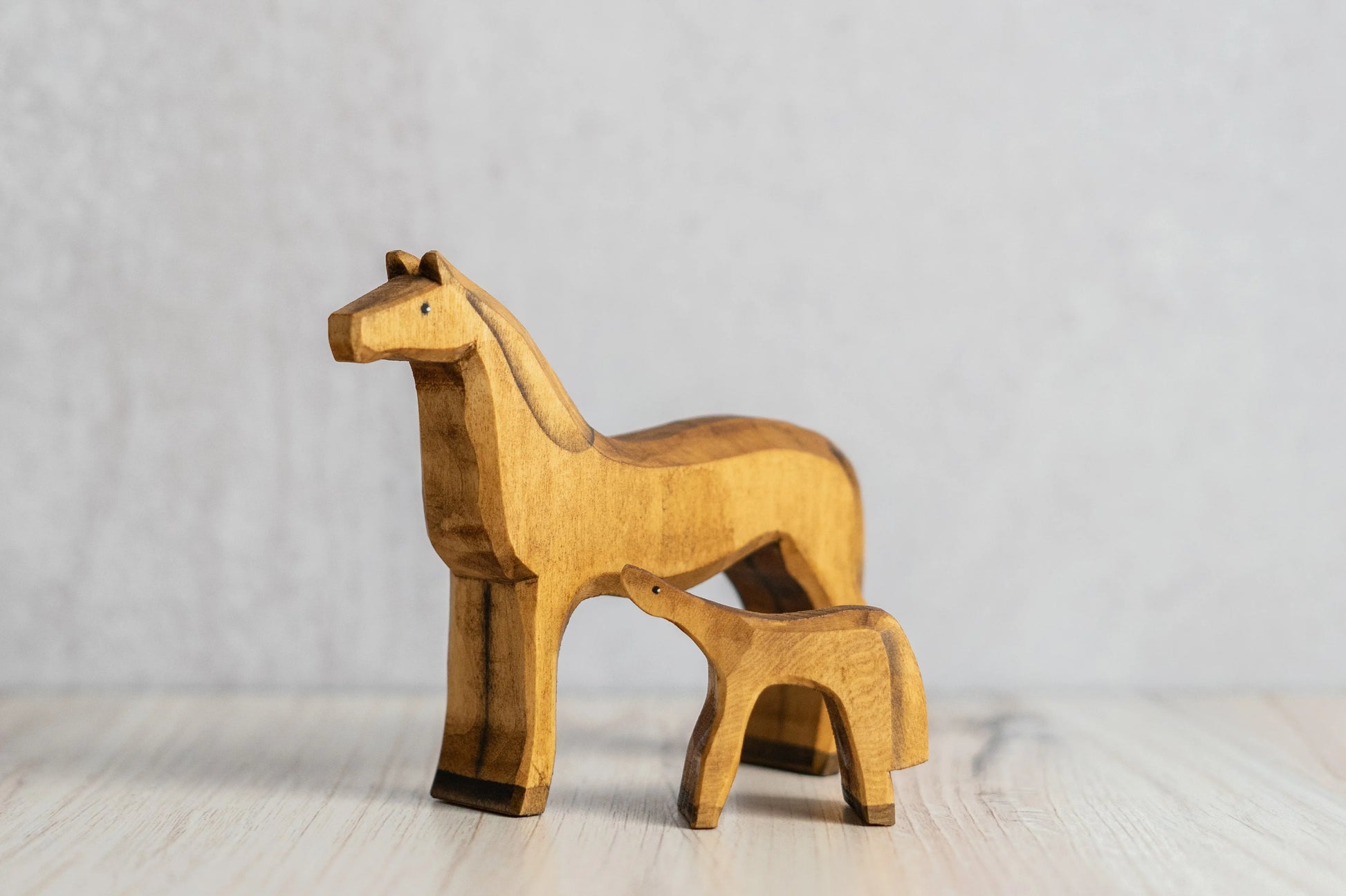 Hand Carved Mare And Colt Wooden Figurine Set Hand Painted - ToylandEU