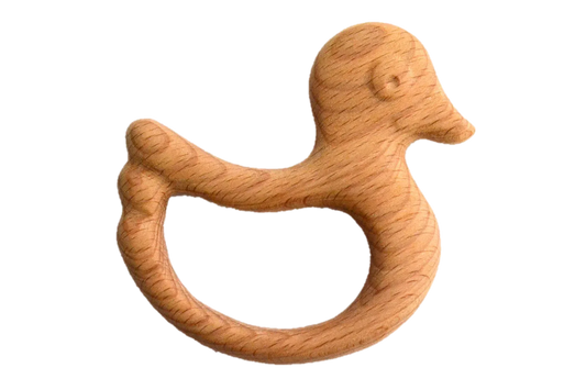 Hand Carved Organic Wooden Rattle Teether Duck Baby - ToylandEU