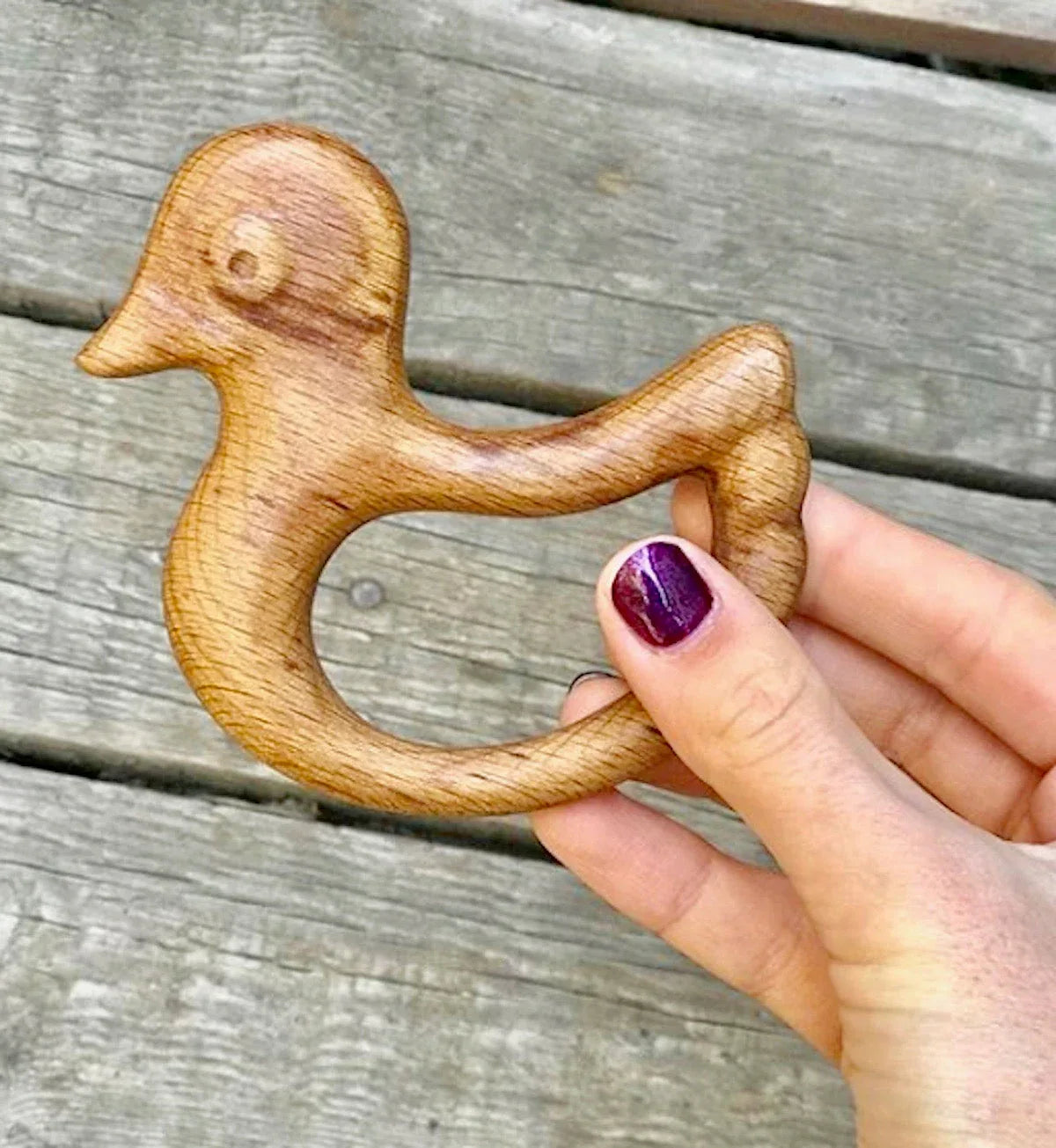 Hand Carved Organic Wooden Rattle Teether Duck Baby - ToylandEU