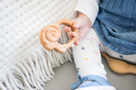 Hand Carved Organic Wooden Rattle Teether Sheep For Gentle Teething - ToylandEU