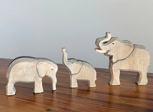 Hand Carved Wooden Elephant Family Set of 3 Educational Toys - ToylandEU