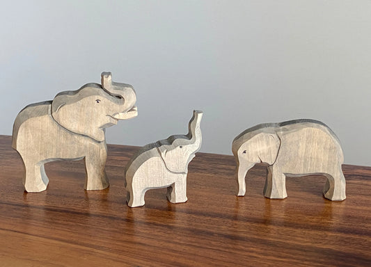 Hand Carved Wooden Elephant Family Set of 3 Educational Toys - ToylandEU