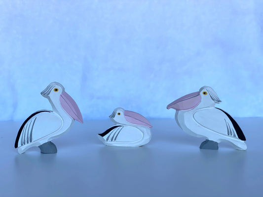 Hand Carved Wooden Pelican Figurines Set Of 3 Detailed - ToylandEU