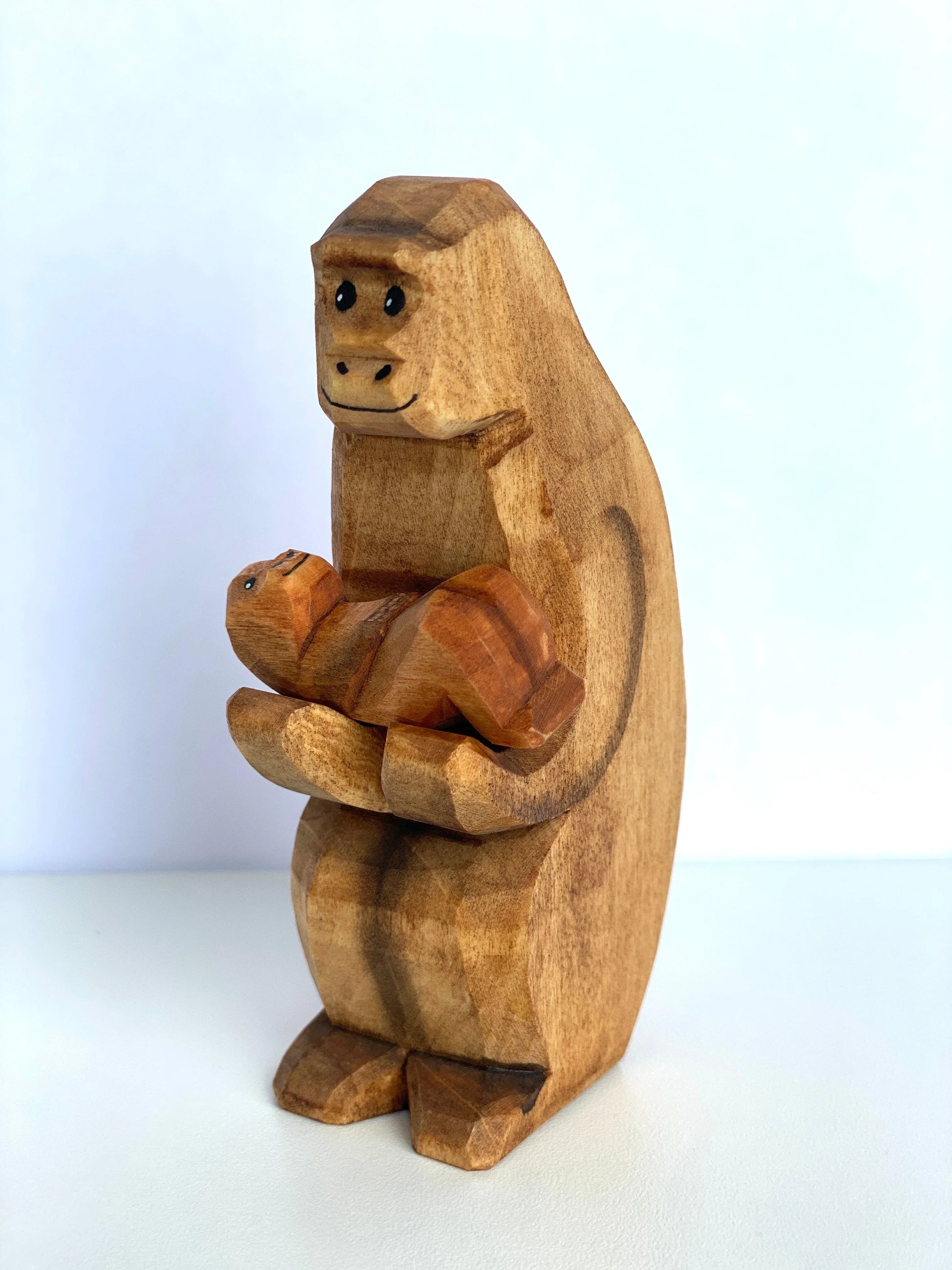 Hand Painted Wooden Monkey With Baby Figurine Educational Toy - ToylandEU