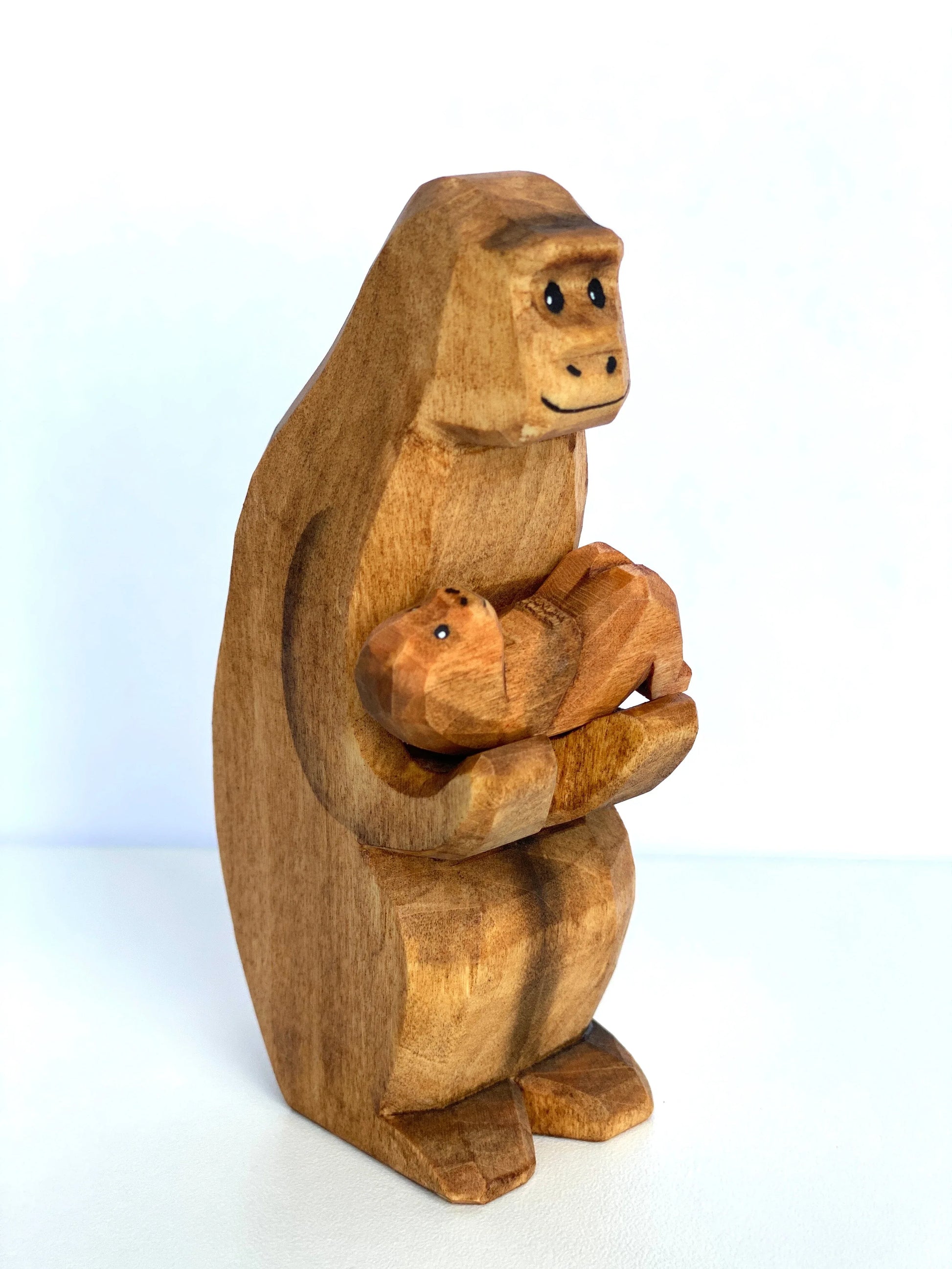 Hand Painted Wooden Monkey With Baby Figurine Educational Toy - ToylandEU