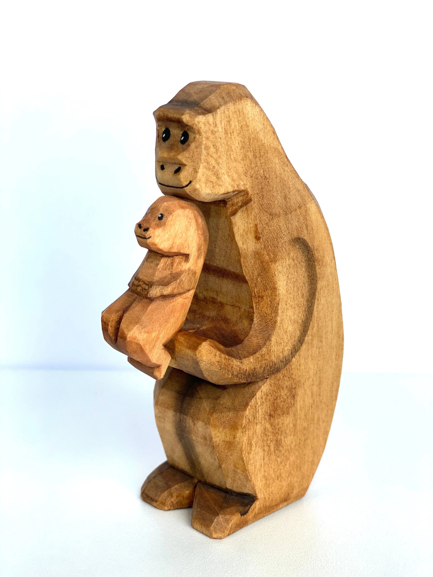 Hand Painted Wooden Monkey With Baby Figurine Educational Toy - ToylandEU