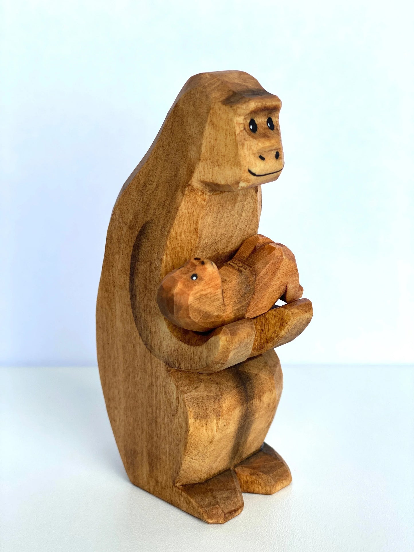 Hand Painted Wooden Monkey With Baby Figurine Educational Toy - ToylandEU