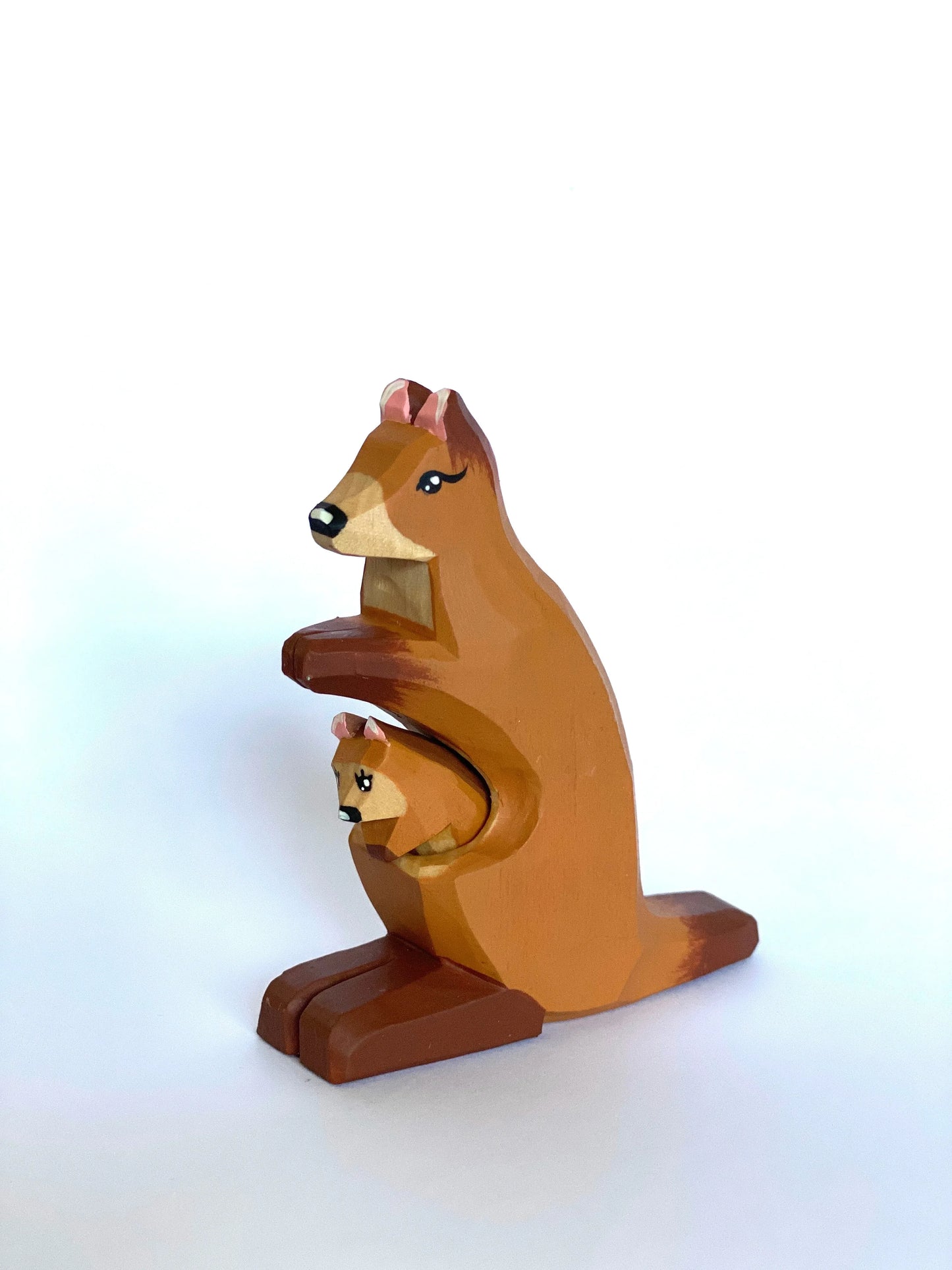 Handcarved Handpainted Wooden Kangaroo Toy With Baby In Pouch - ToylandEU
