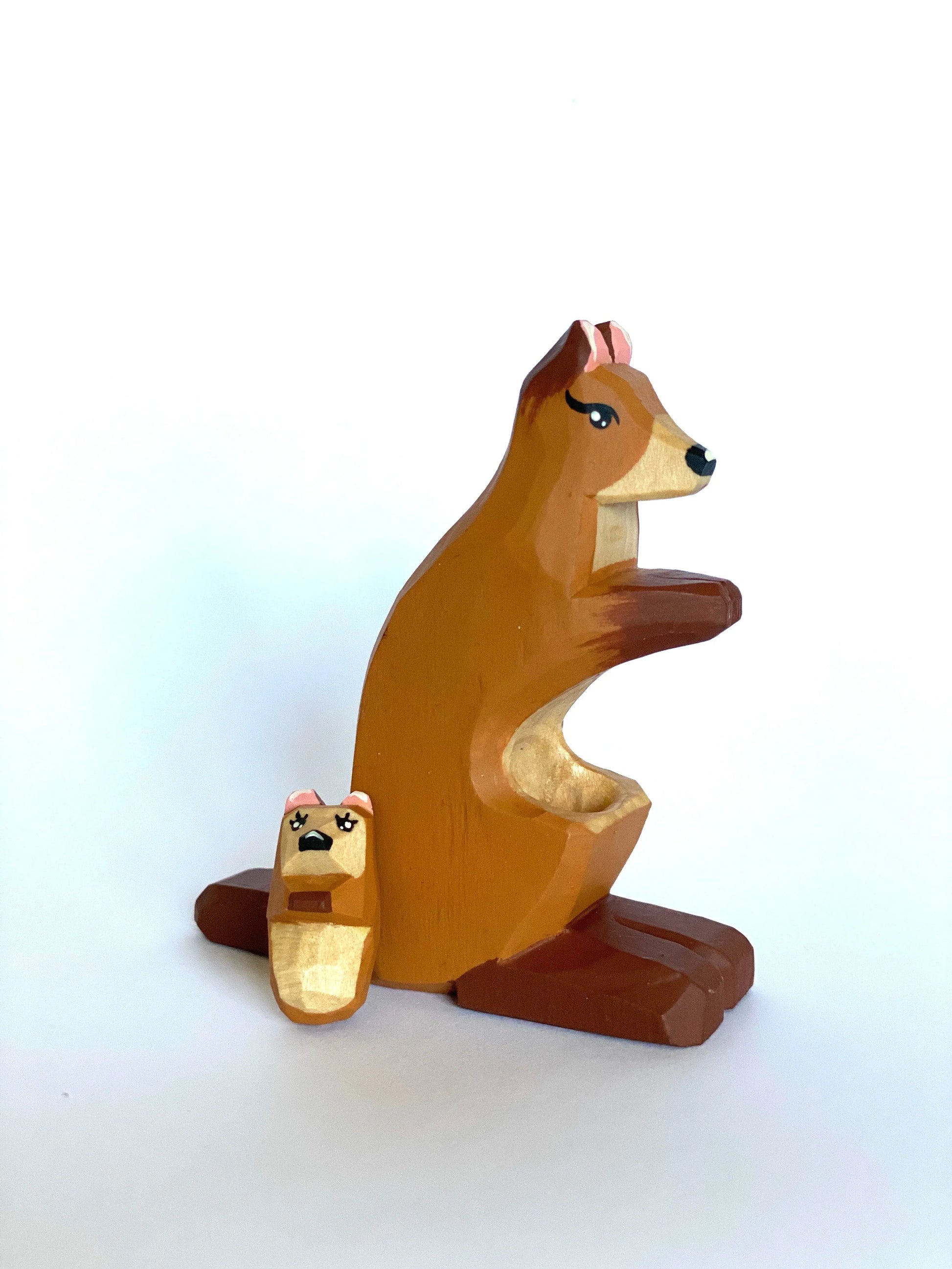 Handcarved Handpainted Wooden Kangaroo Toy With Baby In Pouch - ToylandEU