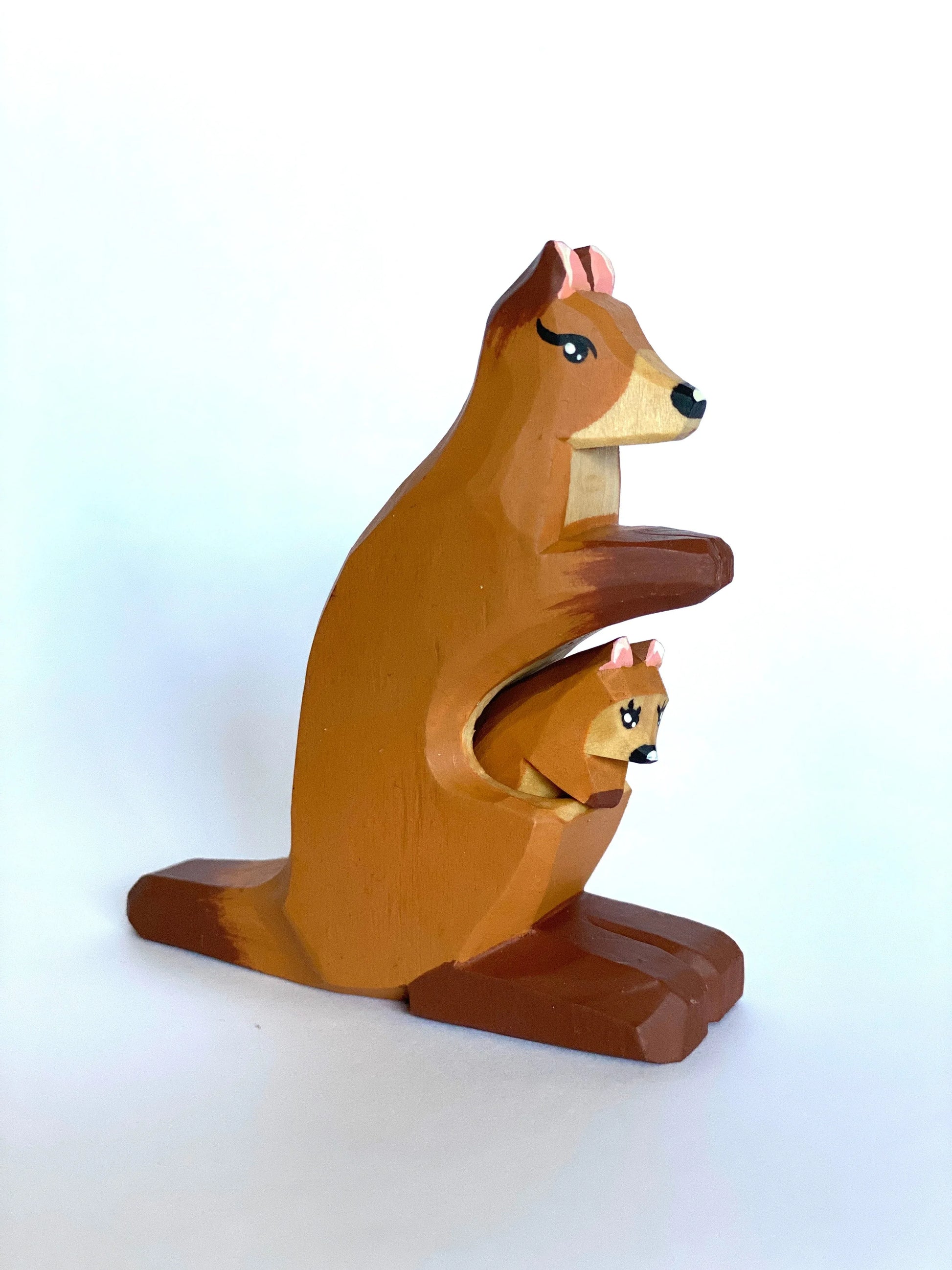 Handcarved Handpainted Wooden Kangaroo Toy With Baby In Pouch - ToylandEU
