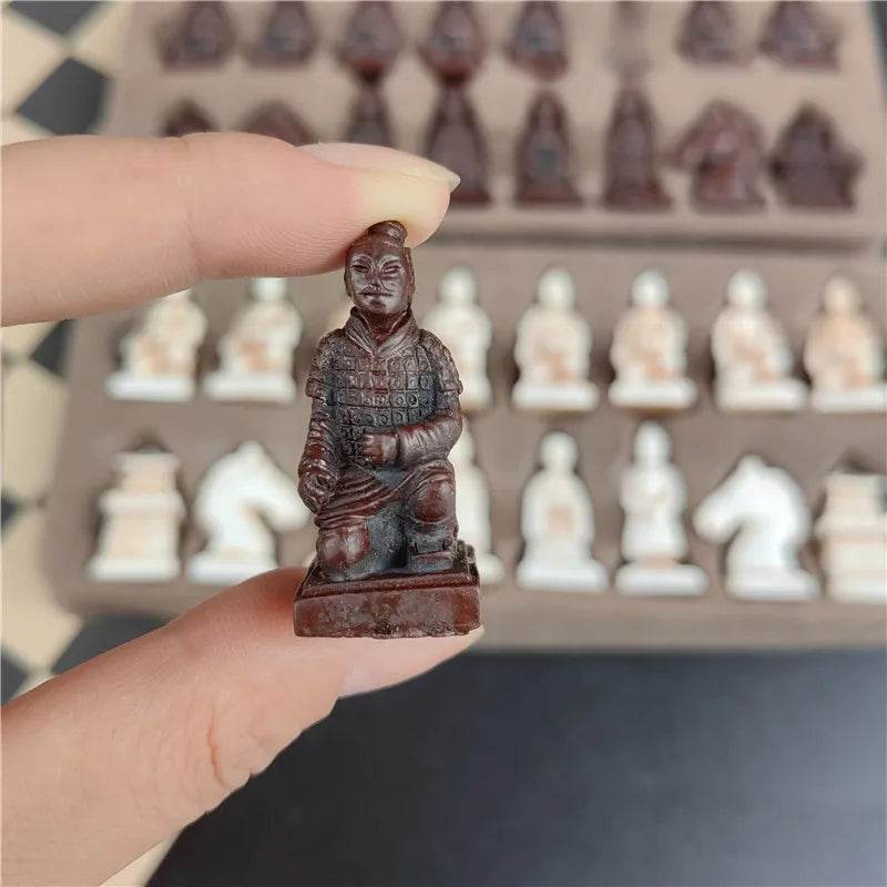 Handmade Terra Cotta Warrior Chess Set with Leather Board for Family Games - ToylandEU
