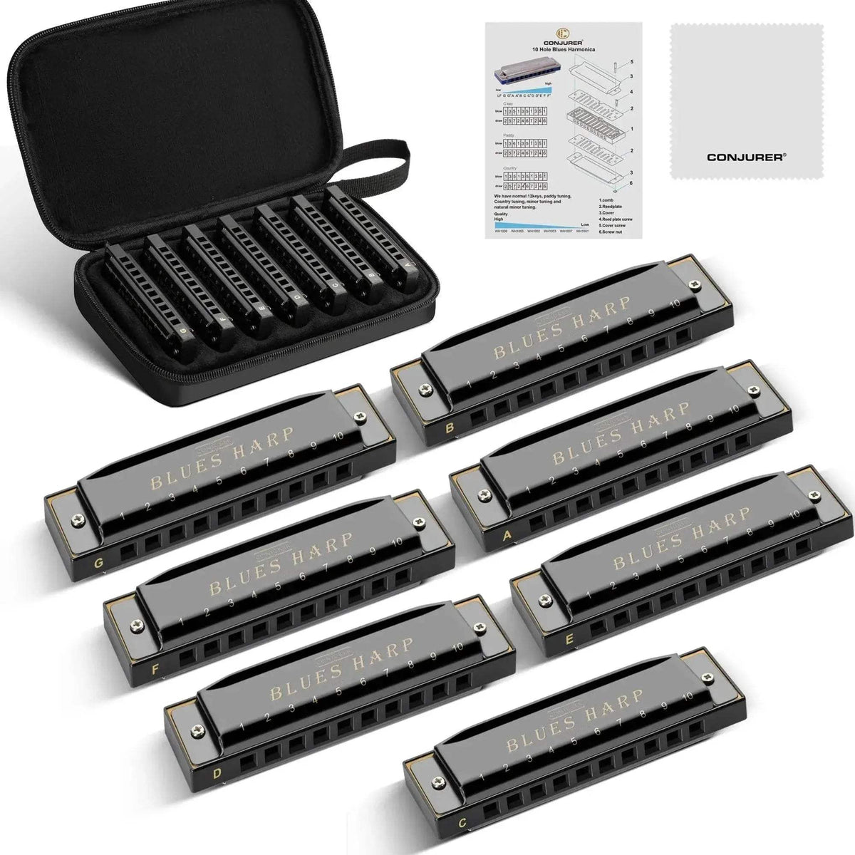  Conjurer 10 Hole Blues Harmonica Set of 7 Keys with Case -  ToylandEU™