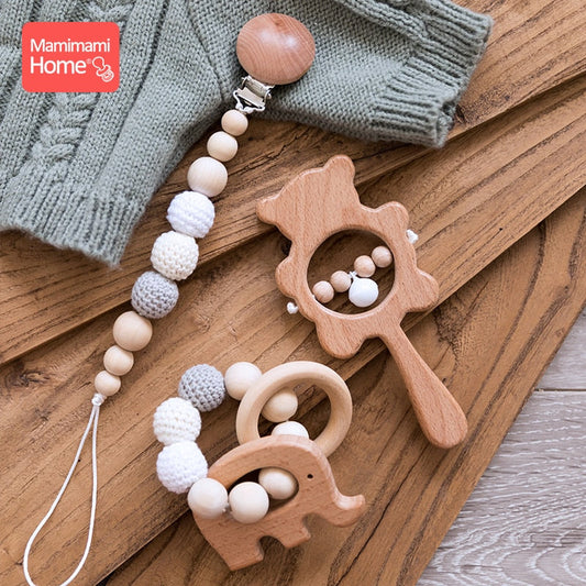 Wooden Teether Crochet Beads Pacifier Chain Clip with Elephant Teething Bracelet Music Rattle - ToylandEU