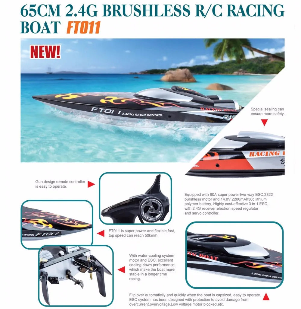 RC High-Speed 50km/h 65CM FT011 Brushless RC Racing Boat with Water Cooling - Ready-to-Run 2.4GHz Gift for Kids