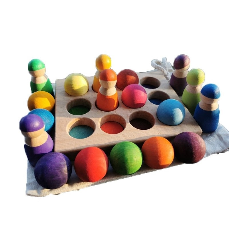 Wooden Color Sorting Toy Set with Tray and Peg Dolls