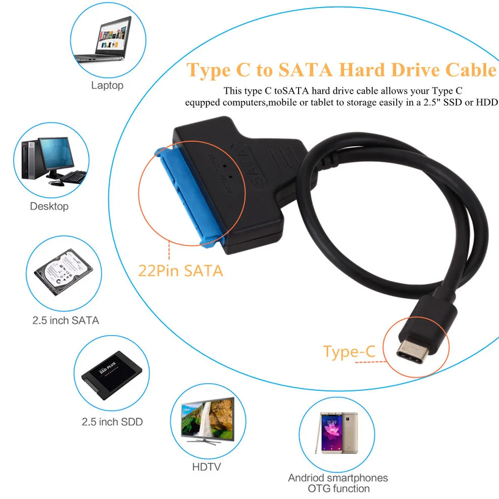 SATA 3 to Type-C Adapter Cable for 2.5-Inch HDD and SSD - USB 3.1 Interface - ToylandEU