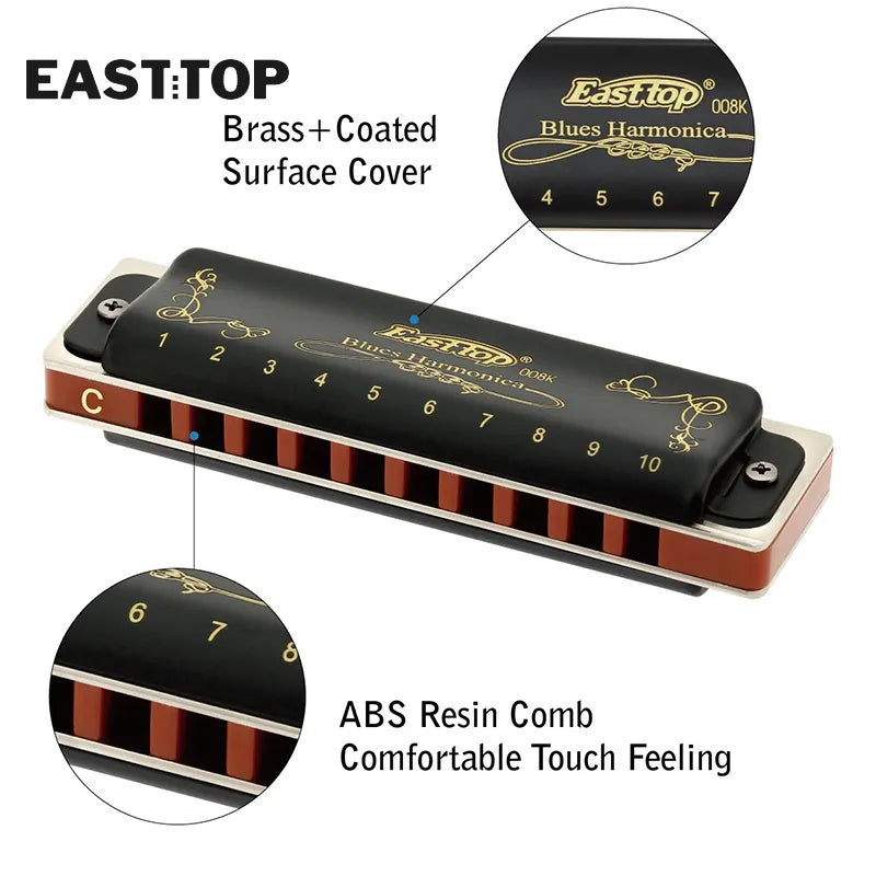 EASTTOP T008K Key of C Blue Harmonica with Brass Reedplates: Crafted for Superior Sound Quality