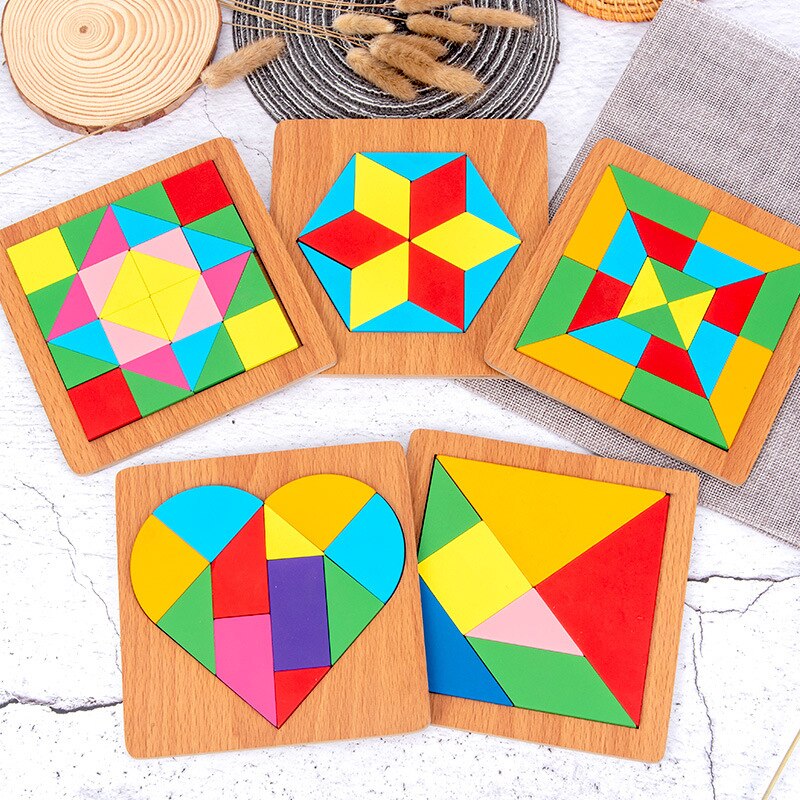 Wooden Geometric Shape Jigsaw Puzzle Board - Montessori Educational Toy - ToylandEU