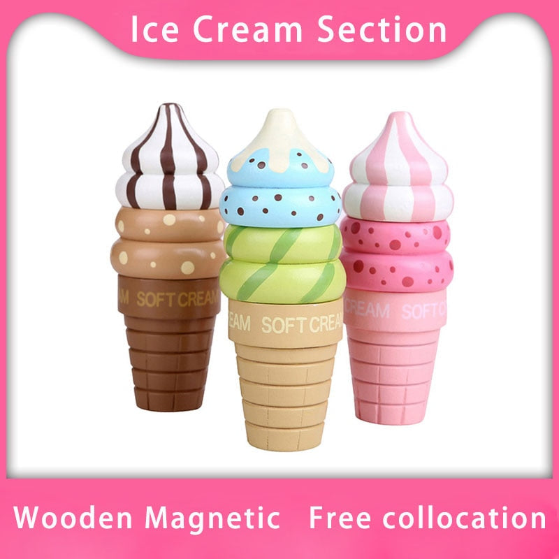 Wooden Kitchen Ice Cream Pretend Play Toy Set for Children, Magnetic Vanilla Chocolate -5 - ToylandEU