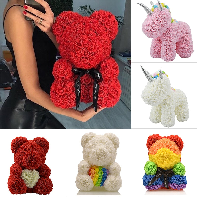 Valentines Day Rose Foam Bear Teddy Bear with Artificial Roses - Perfect Gift for Her
