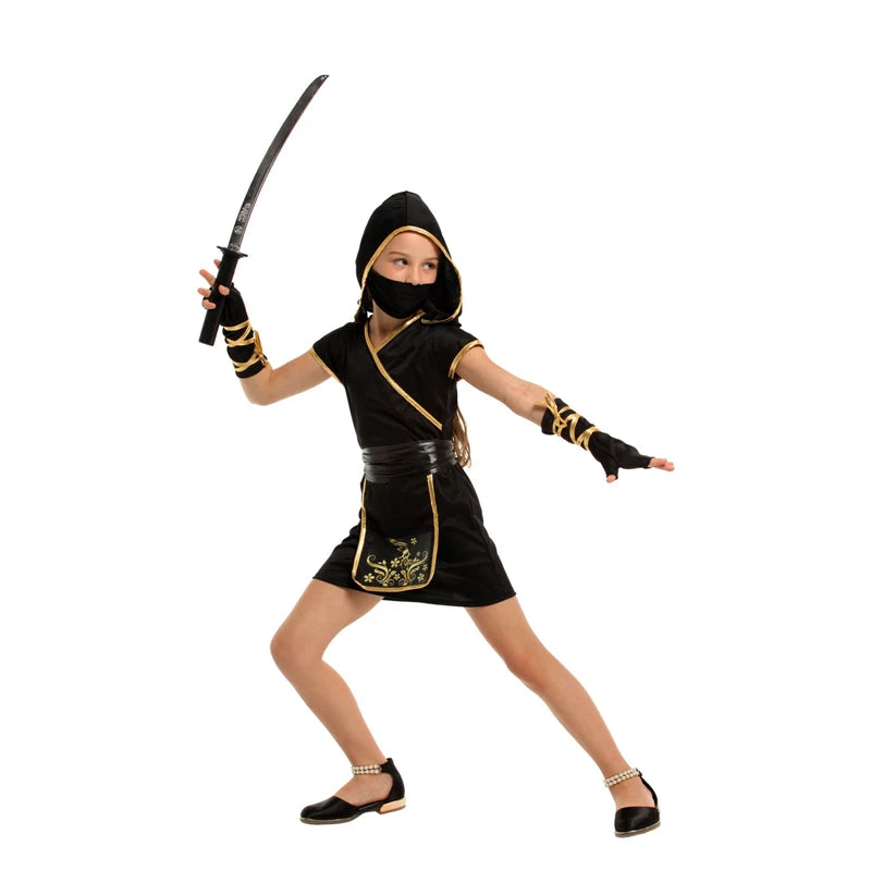 Girls' Black & Gold Ninja Warrior Costume for Halloween & Cosplay