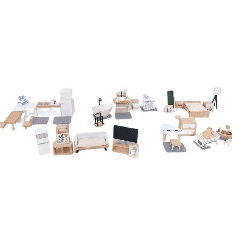 High-Quality Wooden Dollhouse Furniture Set Miniature Bedroom and Kitchen Accessories for Kids Aged 3 to 6 - ToylandEU