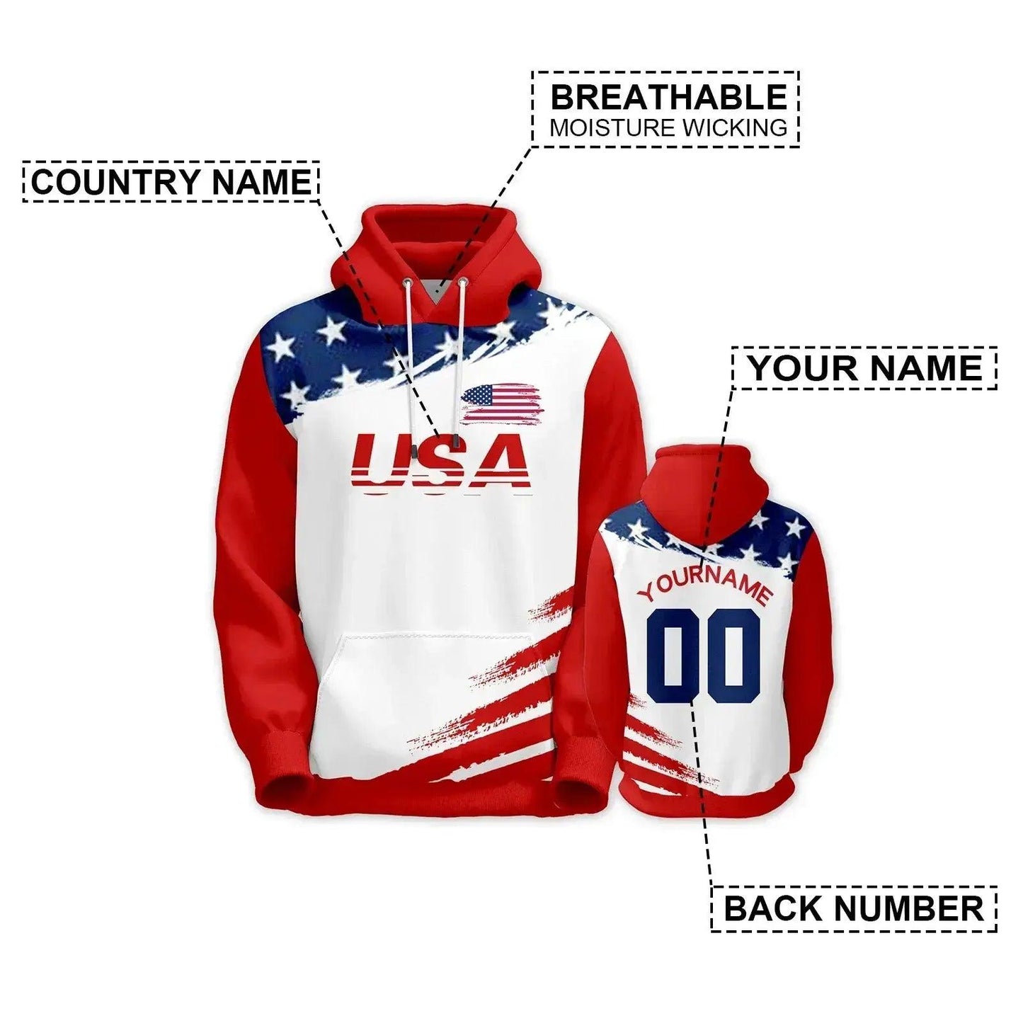  USA Unisex Custom Name And Number Hoodie, Pullover Sweatshirt, Basketball Fan Gift, Streetwear -  ToylandEU™