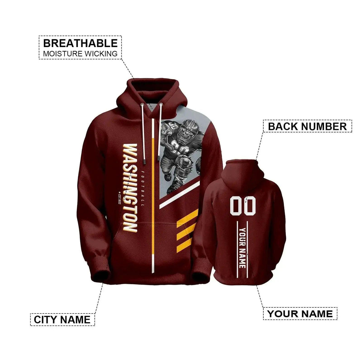 Personalized Washington Football Hoodie - Custom Name & Number Sweatshirt for Men, Women, and Youth Fans -  ToylandEU™